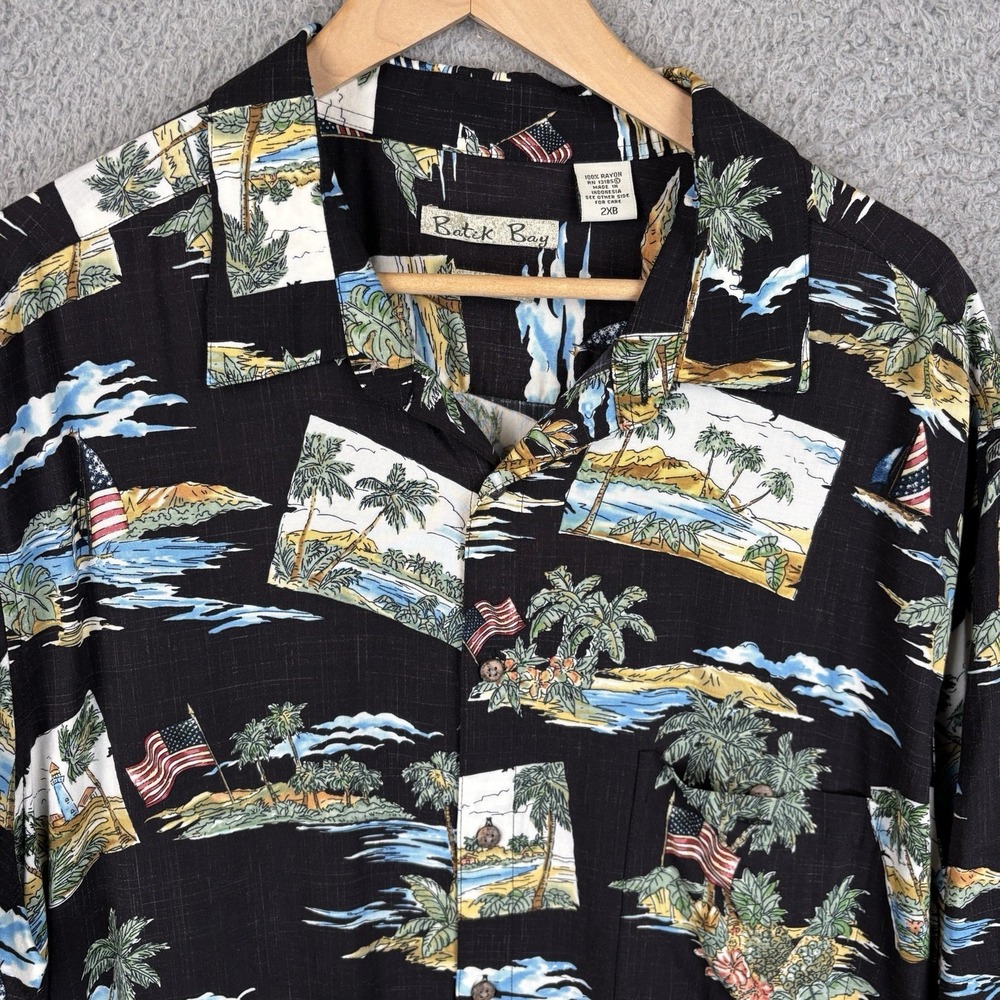 Batik Bay Hawaiian Camp Shirt Mens 2XB Black Patriotic USA Flag 100% Rayon 250th